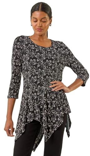 Roman Originals Women Asymmetric Top Ladies Hanky Hem Blouse Stretchy Tunic Occasion Smart Casual Summer Sprint Winter Autumn Cocktail Party Evening 3/4 Short Sleeve - Floral Noir - Size 18