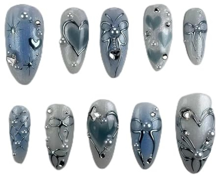 Zimocepuz French Mittelgroße Mandelförmige Press On Nägel,24 French 3D Herz Perle Blau Press On Nägel,Damen Alltagskleidung,Natürlich Wiederverwendbar