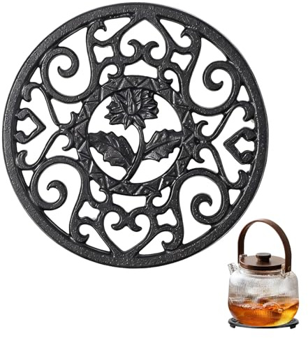11.5CM Round Cast Iron Trivet Tea Pot Carved Stand,Cast I ron Tripod,Delicate Vintage Pattern Round Cast I ron T rivet Tea Pot C arved Stand,C arving Teapot T rivets With Peg Feet (Black)
