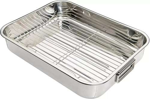 Nobel -Stainless Steel Deep Baking Pan, Roasting Tray, with Rack (Pan with Rack 40 x 30 x 6cm.)