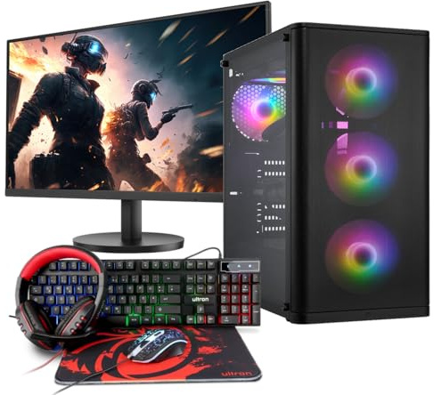 PC gaming fisso completo Ryzen 7 5700G, Radeon Vega 8, 16 GB DDR4, 1000 GB SSD M.2, Windows 11 Pro 64 bit + 24 Zoll 100hz Monitor gamer + Ultron Hawk Gaming Kit 4in1 Set, USB, DE (QWERTZ), Wlan
