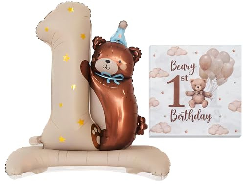 Bär Geburtstagsdeko 1 Jahr Junge Mädchen, Luftballon Bär 1 mit Erster Geburtstag Servietten, Happy Birthday Ballon bär, Luftballons Deko 1. geburtstag