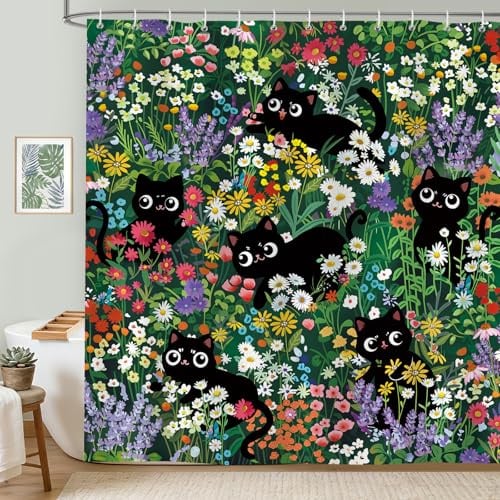 hometrixx Boho Tenda Doccia Gatto Nero Giungla Di Fiori Verde 180x200cm