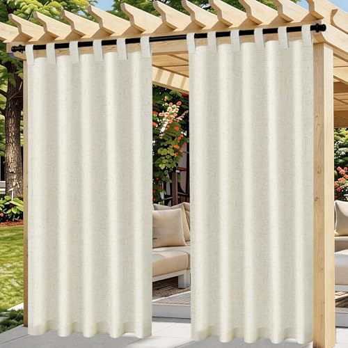 Outdoor Vorhang Wetterfest, 2er Set Stück Leinenvorhänge, Outdoor Vorhänge Wasserdicht mit Ösen, Sonnenschutz Sichtschutz outdoorvorhänge für GardinenTerrasse Balkon Pavillon Pergola(132x215cm, Beige)