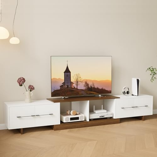 HIMAugbo Extendable TV Unit with 4 Drawers & Open Shelves, Modern TV Stand Fits up to 120 Inch TVs, Adjustable Entertainment Cabinet for Living Room, 190cm–260cm