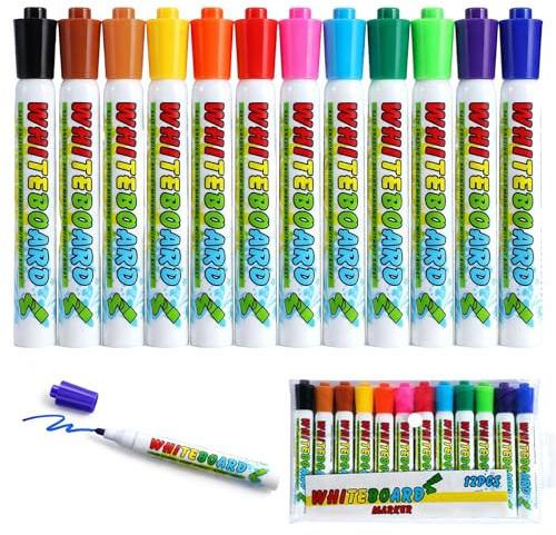 Wanheart 12 Colours Whiteboard Pens, 2.7mm Nib Dry Wipe Markers with Bullet Tip, Low Odour Ink, Easy Wipe Clean, Roll-Resistant Cap, Vibrant Assorted Colours for Office, Classroom, Home Use