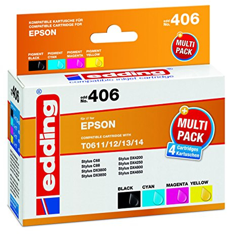 edding Druckerpatrone EDD-406 - Multipack 4 - Schwarz, Cyan, Magenta, Gelb - 1x 17,5 ml + 3x 17 ml - Reichweite 1x 350 3x 400 Seiten - Ersetzt Epson T0611/T0612/T0613/T0614