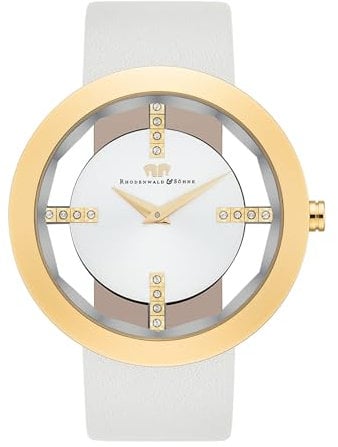 Rhodenwald & Söhne Lucrezia Damenuhr Edelstahl Gold 3 ATM verziert mit Kristallen Lederarmband weiß - Fashion-Uhr Frauen Skeletonoptik
