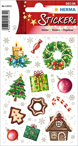 HERMA 15072 Aufkleber Weihnachtsmotive, 36 Stück, Weihnachten Sticker mit Lebkuchen Weihnachtskugel Weihnachtskerzen, Kinder Etiketten für Weihnachtsdeko Geschenke Adventskalender Winter Dekoration