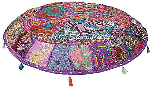 Stylo Culture Indisch Dekorativ Rund Bodenkissenbezug Boho 100 x 100 cm Groß Bodenkissen Patchwork Vintage Lila Bohemien Patchwork Sofa Sitzkissen Baumwolle Bestickt Boden Sitzkissen Indisch
