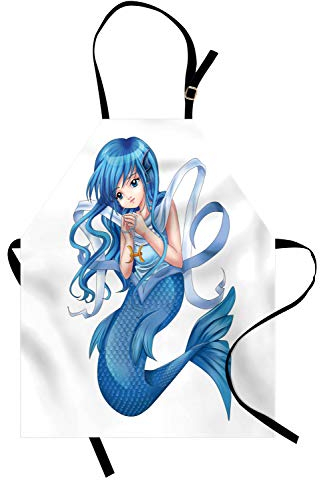 ABAKUHAUS Anime Kochschürze, Manga-Karikatur-Art-Charakter eines Fische Mädchen-Horoskop-Tierkreis-themenorientierten Avataras, Höhenverstellbar Maschienenwaschbar Kein verblassen, Weiß und Blau
