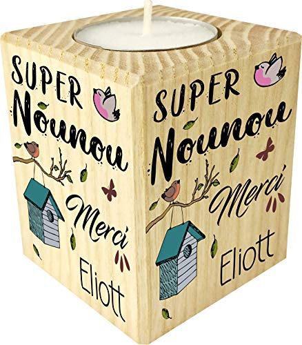 Bougie personnalisée Super Nounou Merci – Porte Bougie en Bois personnalisé avec Le prénom – Cadeau de Fin d'année pour remercier la nourrice de Votre Enfant ou bébé – Cadeau Fin de contrat