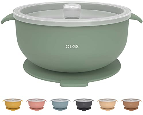 Olgs Silikon Schüssel mit Deckel & Saugnapf für Baby und Kinder | Breischale rutschfest| Kindergeschirr Silikonschüssel für Junge/Mädchen | BPA-frei, Spülmaschinenfest, leicht zu reinigen (Sage)