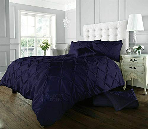 Luxury Alford Alexander Pin Tuck Pinch Pleat Duvet Quilt Cover Reversible Diamond Bedding Set With Matching Pillowcases Navy King 230cm x 220cm Approximate