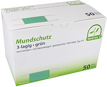 Medi-Inn+ Mundschutz Typ IIR 3-lagig 9 cm x 17,5 cm grün mit Nasenbügel zum Binden (50 Stück)