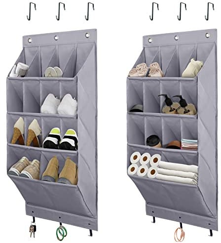 FENTEC Over Door Shoe Organiser, Over Door Storage 14 Pockets, 2 Pack Hanging Shoe Storage Door Shoe Rack Sturdy 600D Oxford Fabric with 3 Hooks for Space Saving, Heavy Duty, Grey