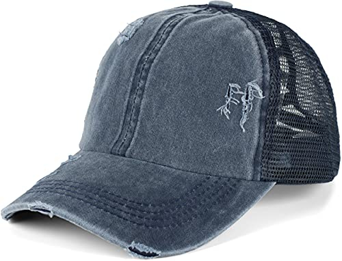 styleBREAKER Damen Baseball Cap im Washed Used Look mit Mesh Einsatz | Ponytail Cap für hohen Zopf | Verstellbare 6-Panel Schildkappe für Sommer und Freizeit, Farbe:Dunkelblau
