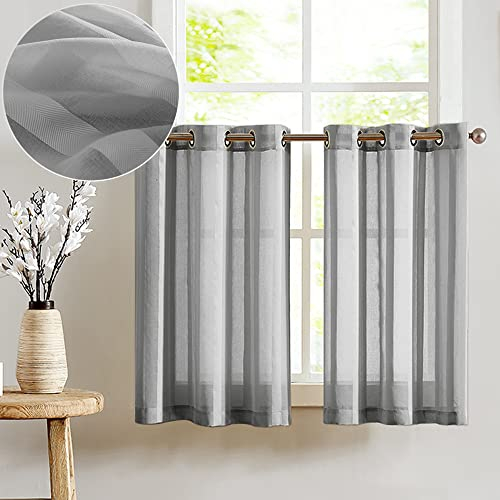 TOPICK Voile Scheibengardinen H 60 x B 90 (cm) 2er Set mit Ösen Transparent Bistrogardine Landhaus Streifen Küchenvorhang Gestreift Küchengardinen Paarig für Badezimmer Klein Fenster Dekor Grau