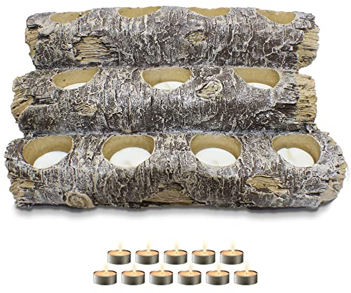 Castaway Kamin Kerzenhalter aus künstlichem Kamin, künstlicher Kamin, mit Lichtern im Lieferumfang enthalten, realistischer Kaminholzhalter und 12 Kaminkerzen. Rustikale Dekoration Holzscheite