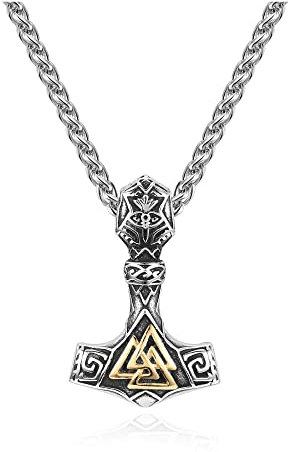 PiercingJak Collier Viking Marteau de Thor Valknut Odin Symbole Pendentif Mjolnir Amulette Nordique Celtique Noeuds Acier Inoxydable avec Chaîne Bijoux Cadeau Courage Protection Homme Femme-Or