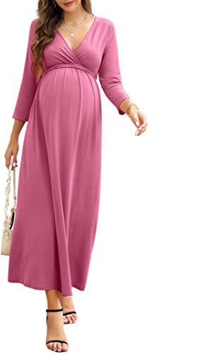 KOJOOIN Abito Premaman da Donna Abito da Allattamento Abito da Gravidanza con Scollo a V Casual con Maniche 3/4 Rosa L