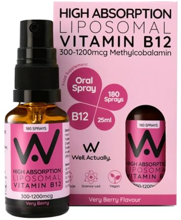 WELL ACTUALLY Liposomal Vitamin B12 Oral Spray 1200mcg, 180 Sprays, Vegan | High Strength Methylcobalamin Supplement, Fast Absorbing, Methylated Vit B12, Energy & Brain Support, Very Berry