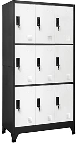 Makastle 9 Fächer Schließfachschrank Schließfach Wertfachschrank Personalschrank Wertfach Spind Metallschrank Mehrzweckschrank mit 9 verschließbare Türen, Anthrazit und Weiß 90x45x180 cm Stahl