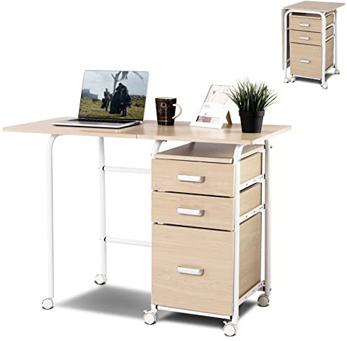 COSTWAY Folding Computer Desk, 2-In-1 Mobile PC Laptop Table with Rolling Wheels and 3 Drawers, Space Saving Home Office Workstation Study Writing Desk, 105x50x75cm (Oak)