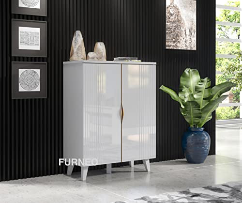 Furneo Azzurro 14 – White 2-Door Sideboard Cabinet, High Gloss & Matt Finish, Brushed Gold Handles