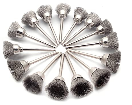 Juego de 15 cepillos de alambre de acero con vástago de 0.12 pulgadas, herramientas de limpieza de pulido giratorias universales para eliminar la corrosión de pintura oxidada (cepillo de taza)