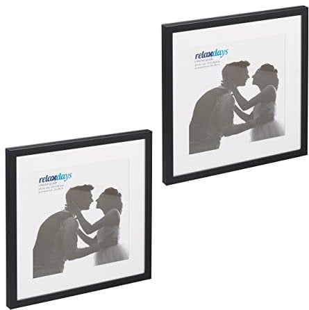 Relaxdays Bilderrahmen 2er Set, 38,5x38,5 cm, quadratisch, Fotorahmen, Aufhängen oder Hinstellen, Passepartout, schwarz