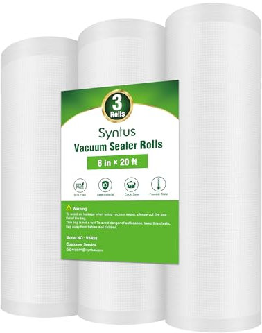 Syntus Vakuumbeutel für Lebensmittel, 3 Rollen, 20,3 cm x 50,8 m, handelsübliche Beutelrollen, Lebensmittelbeutel für Aufbewahrung, Mahlzeitenvorbereitung oder Sous Vide