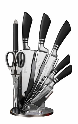 Ever Rich ® Stainless Steel Kitchen Knife Block Set with Rotating Stand, 8- Pieces Knife Set, Ultra Sharp Knife Set (SLVR BLK 8PCS)