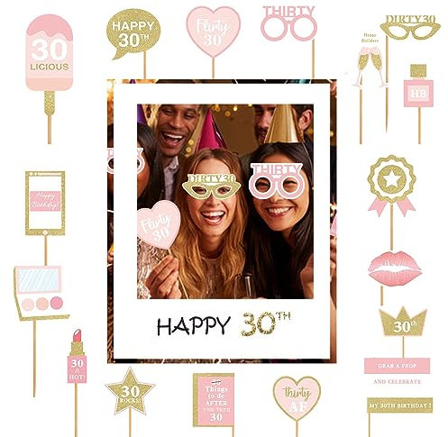 PLATEYTR 30th Birthday Decorations, 1 Piece Selfie Frame and 17 Pieces Rose Gold 30th Birthday Photo Booth Props, Giant Party Photo Booth Frame, 30th Birthday Party Decorations