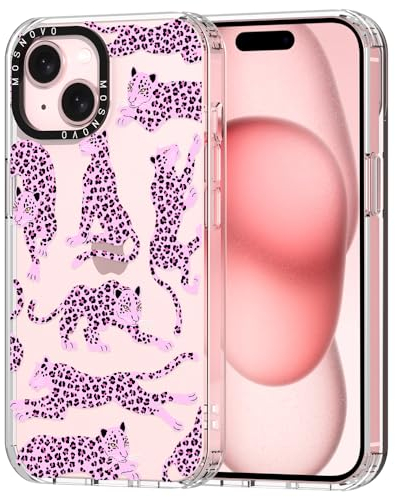 MOSNOVO Cover per iPhone 15 Plus - Custodia Trasparente Sottile Antiurto in TPU+PC per Telefono [Protezione Caduta da 6,6 Piedi/Anti-Peel] - Leopardo Rosa