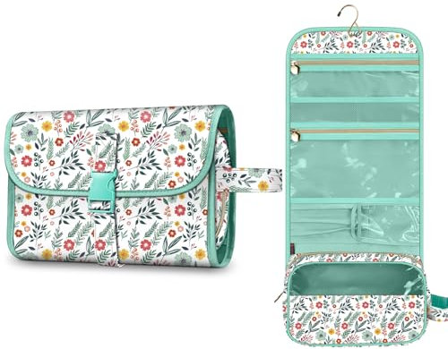 Portable Toiletry Travel Wash Bag, FINPAC Large Water Resistant Hanging Makeup Organizer Cosmetic Storage Pouch Case for Women Girls, (Z-Spring Bloom)