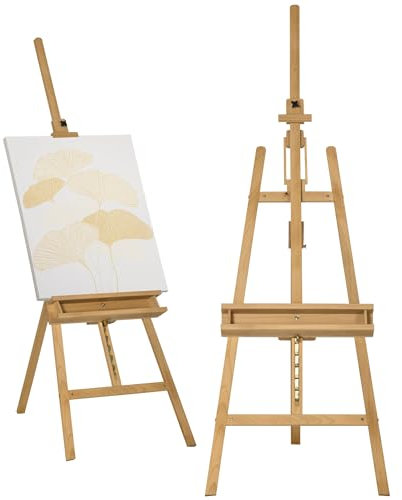 Vinsetto Cavalletto per Pittura Pieghevole in Legno di Faggio con Altezza e Angolazione Regolabile, 65x110x180-235 cm, color Legno