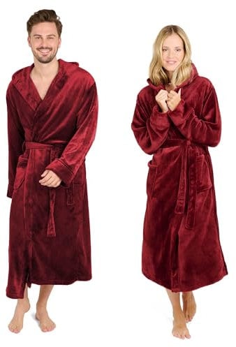 Blumtal Bademantel Damen & Herren XXL - OEKO-TEX zert. Morgenmantel inkl. Doppelschlaufen für perfekte Passform - mit Kapuze Mikrofaser Dunkelrot