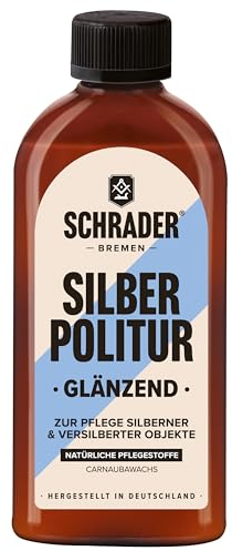 SCHRADER Silberpolitur glänzend - Silberpflege zum Polieren, als Silberreiniger zur Entfernung von Anlaufstellen - Poliermittel mit Carnaubawachs - 250 ml - Made in Germany