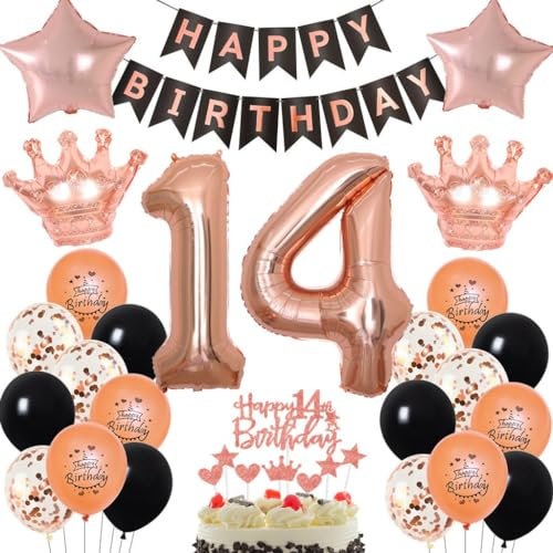 Palloncini Oro Rosa 14 anni Compleanno Ragazza, Palloncini 14 anni Oro Rosa Ragazza, Decorazioni 14 anni compleanno ragazza, 14 anni Palloncini compleanno Oro Rosa nero, Festa 14 anni Oro Rosa