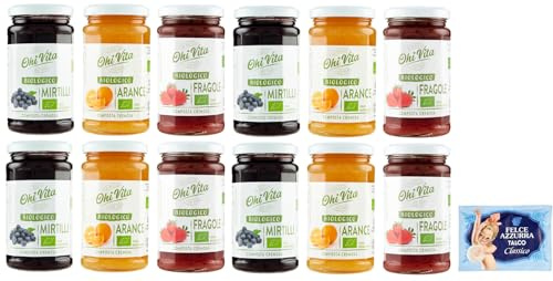12er-Pack Testpaket Ohi Vita Marmelade Orangen - Erdbeeren - Blaubeeren,Cremiges Fruchtkompott,250g Glas + 1er-Pack Kostenlos Felce Azzurra Talkumpuder, 100g-Beutel