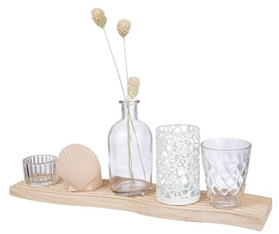 GILDE 6 teiliges Geschenkset Meeresdeko – Beach Deko Teelichthalter Glas Keramik Muschel mit Tablett kleine Vase Trockenblumen – Teelichthalter Set mit Tablett -Tischdeko Wohnzimmer modern