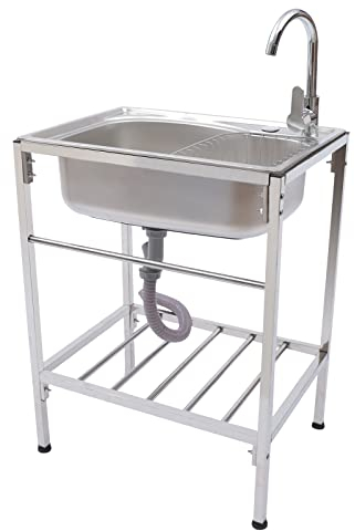 Outdoor Spüle mit Unterschrank, Mobiles Camping Waschbecken Garten Ausgussbecken Spülbecken Edelstahl Freistehende Spültisch Spülenschrank mit Spüle und Armatur für Küche, Garage (60 * 45 * 75cm)