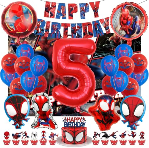 Kindergeburtstag Deko 5 Jahre, Spider Luftballons Geburtstagsdeko Themed Party Set Happy Birthday Banner, Rrunde Charakter Ballon Hintergrunddekoration und Latexballons für Junge und Mädchen