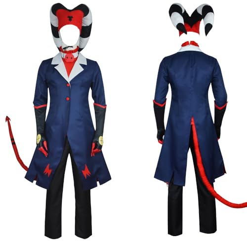 Cemaxjo Hazbin Blitzo Cosplay Jacke Hose Horns Helluva Halloween Kostüm mit Schwanz Handschuhe Uniform Anzug (Blau, Small)