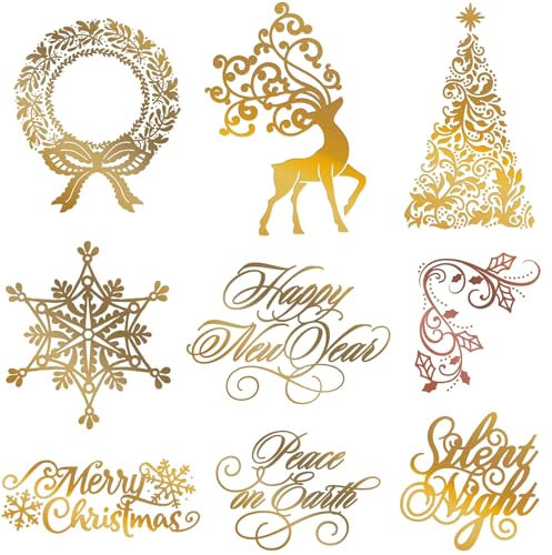 9PCS Christmas Hot Foil Plate,Christmas Elks,Snowflakes,Christmas Tree,Happy New Year,Peace on Earth,Silent Light,Christmas Wreath Leave Metal Foil Plate for Card Making DIY Scrapbooking Xmas