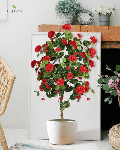 Leflos 130 cm Rosso Albero di begonia artificiale, pianta di fiori realistica in vaso bianco per la decorazione di interni di casa