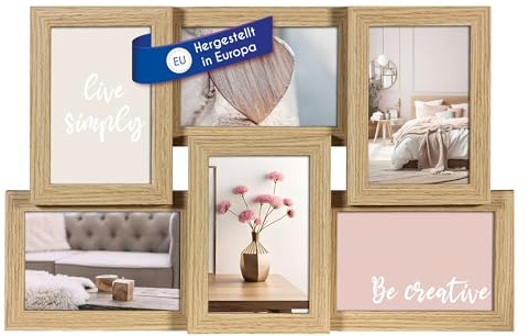 Wackadoo Bilderrahmen Collage Eiche 10x15 cm 6 Fotos Hergestellt in der EU FSC Holz aus MDF Fotorahmen Galerierahmen mit Glasscheibe familie mehrere bilder picture frame