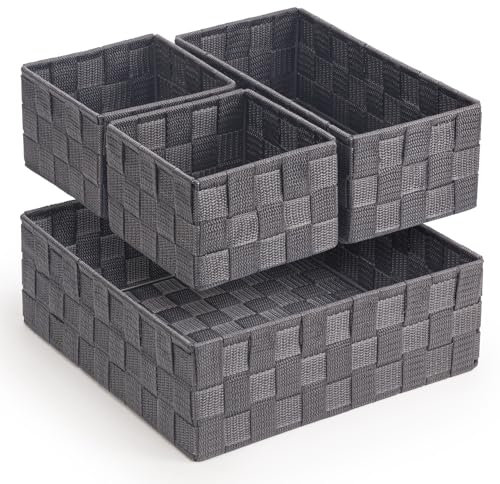 EHC Set of 4 Woven Shelf Storage Basket, Polypropylene Basket Hamper, Home Storage Organiser, Grey