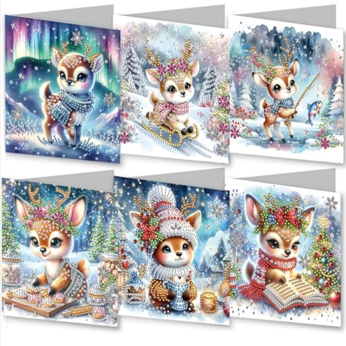 Meecaa Deer Dog Fish 6pcs Handmade 5D Diamond Painting Christmas Greeting Cards for Adults, DIY Diamond Art Postcards for Friends Family Lover Gift (15CMx30CM) (Deer)